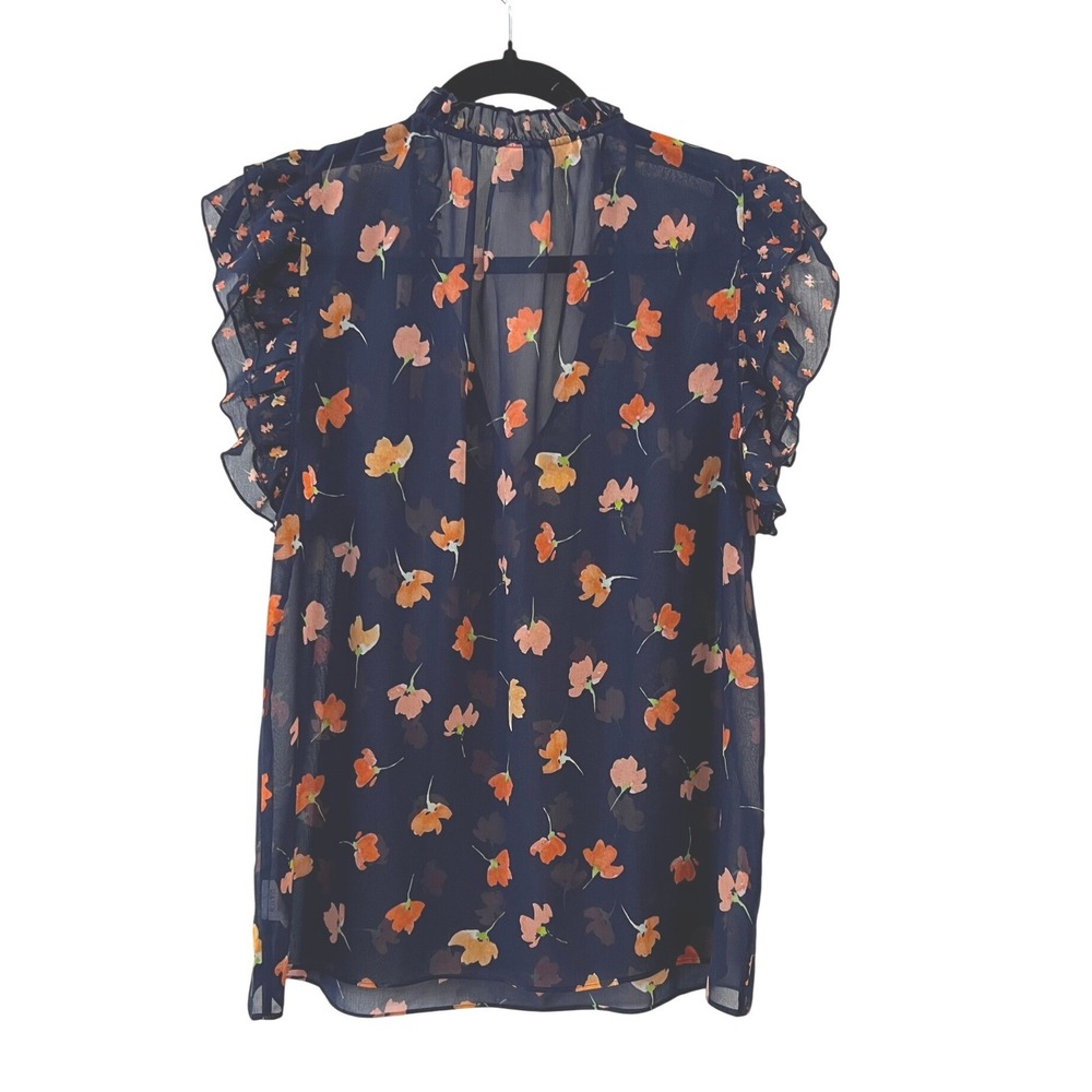 Cabi Sunset Kiss Spring Blouse Navy Blue Floral Ruffle Cap Sleeve Top Small - Picture 2 of 8
